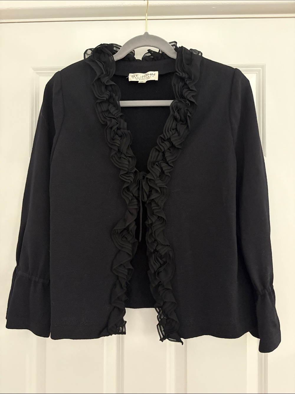 St. John Black Ruffle-Front tie v neck Knit Jacket size 12